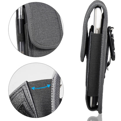 For Apple iPhone 16 Pro (6.3") Universal Vertical Fabric Case Holster with Dual Credit Card Slots, Belt Loop & Carabiner Carrying Phone Pouch [Black]
