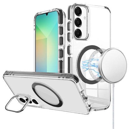 For Samsung Galaxy A16 5G Built-in Camera Kick-Stand, Compatible with MagSafe, Transparent Colorful Edged Tough Hybrid TPU Case Cover Clear Black