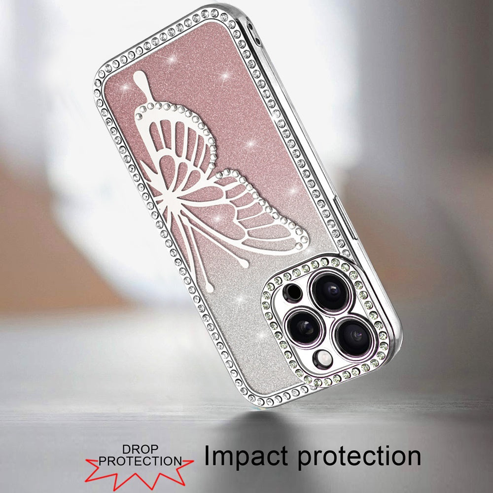 For Apple iPhone 14 /13 Butterfly Glitter Diamond Shimmer Hybrid Slim & Stylish Electroplated Sparkly Bling Shockproof TPU Protective Case Cover