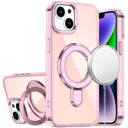 Phone Case for Apple iPhone 14/ iPhone 13 Chrome Magnetic Ring Stand Rotational Shockproof Hybrid Kickstand Metal Finish Rugged Drop Protection Armor Cover Pink