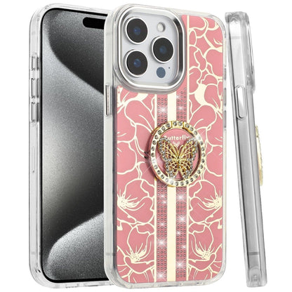 For iPhone 15 Pro Max (6.7") Diamonds 3D Butterfly Floral Design Bling Sparkly Glitter Hybrid Metal Fashion with Ring Stand Case Cover