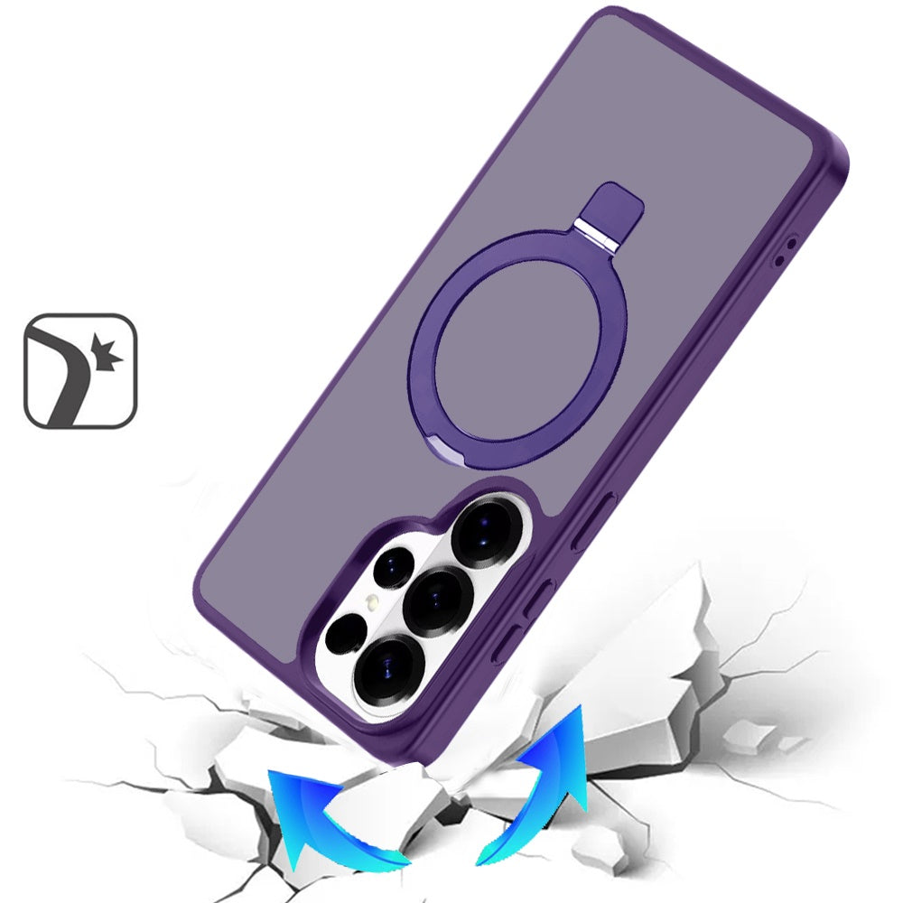 For Samsung Galaxy S25 Ultra Magnetic Circle Back with Ring Stand Full Rotation Matte Hybrid Shockproof Case Cover Dark Purple