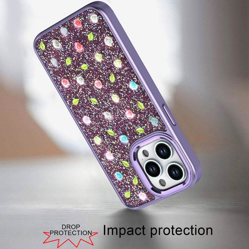 For Samsung Galaxy S26 Ultra Floral Design Embedded Glass Diamond Fancy Fashion Glitter Bling Sparkly Hybrid Rugged TPU Bumper Case Cover