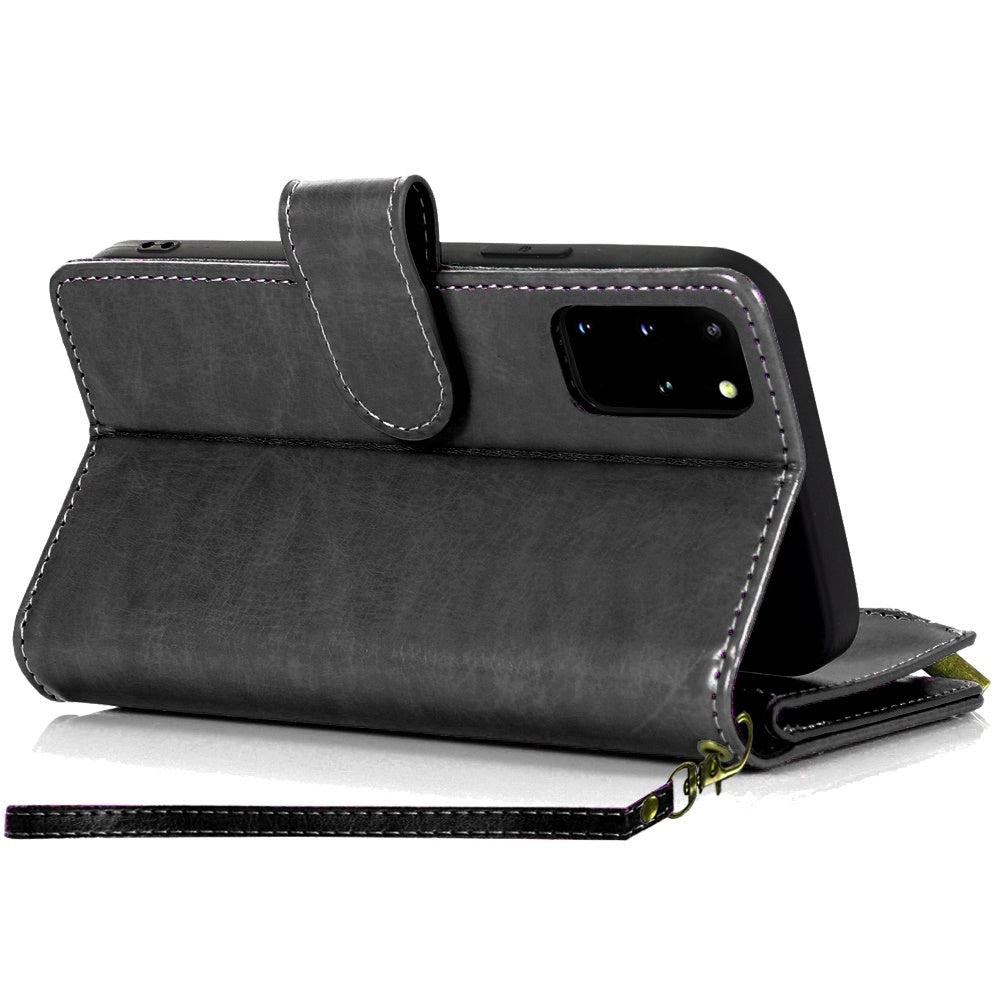 Phone Case for Galaxy S20+ Plus Luxury Leather Wallet Card Holder Zipper Pocket Money Storage Protective Grip Design with Strap Cover Black