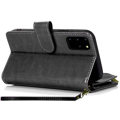 Phone Case for Galaxy S20+ Plus Luxury Leather Wallet Card Holder Zipper Pocket Money Storage Protective Grip Design with Strap Cover Black