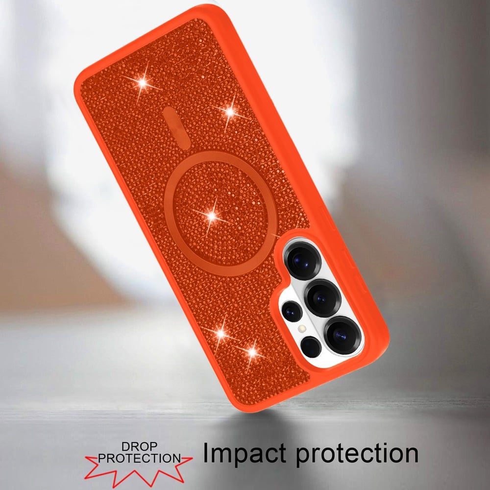 Phone Case for Samsung Galaxy S25 Ultra Magnetic Bling Diamond Sparkle Hybrid Shockproof Rugged Grip Durable Protection Anti-Slip Armor Design Cover Cosmic Orange