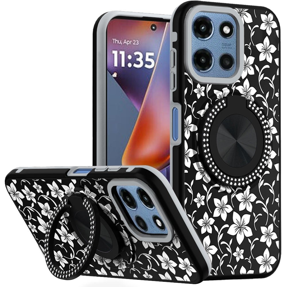 Phone Case for Motorola Moto G Play 5G 2026 Magnetic Ring Stand Matte Metal Hybrid Car Mount Friendly Shockproof Rotational Grip Diamond Design Pattern Cover Classic Floral