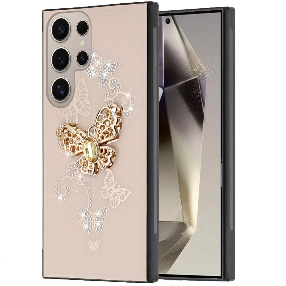 For Samsung Galaxy S25 Ultra Diamonds 3D Fashion Bling Sparkly Glitter Ornaments Engraving Hybrid with Ring Stand Case Cover