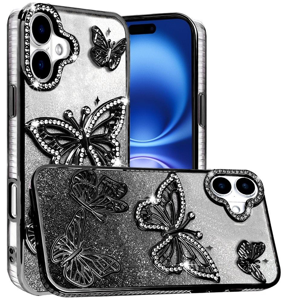 For Apple iPhone 17 (6.3") Luxury Butterfly Sparkle Glitter Diamond Crystal Rhinestone Shimmer Bling Plating Thick TPU Hard PC Case Cover