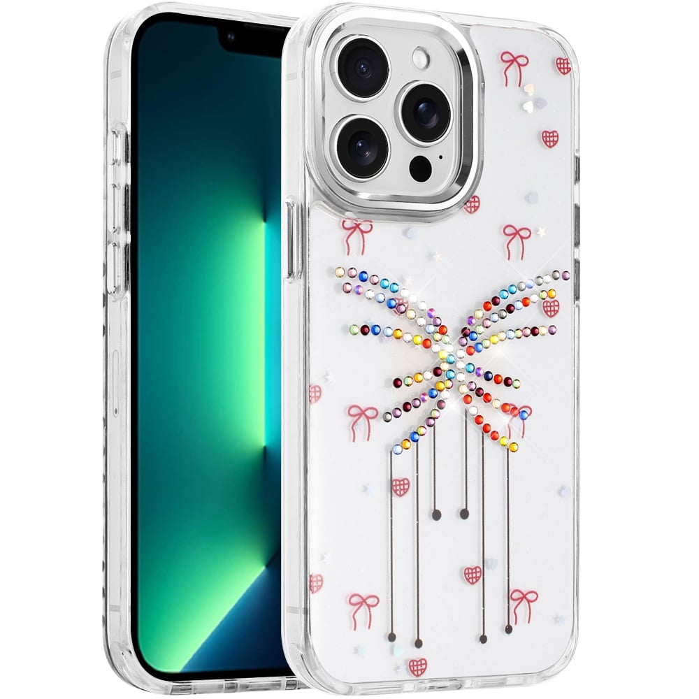 For Apple iPhone 13 Pro Max Butterfly Resin Epoxy Diamond Design Metal Edged Hybrid Shockproof Heavy Duty Drop Protection Case Cover