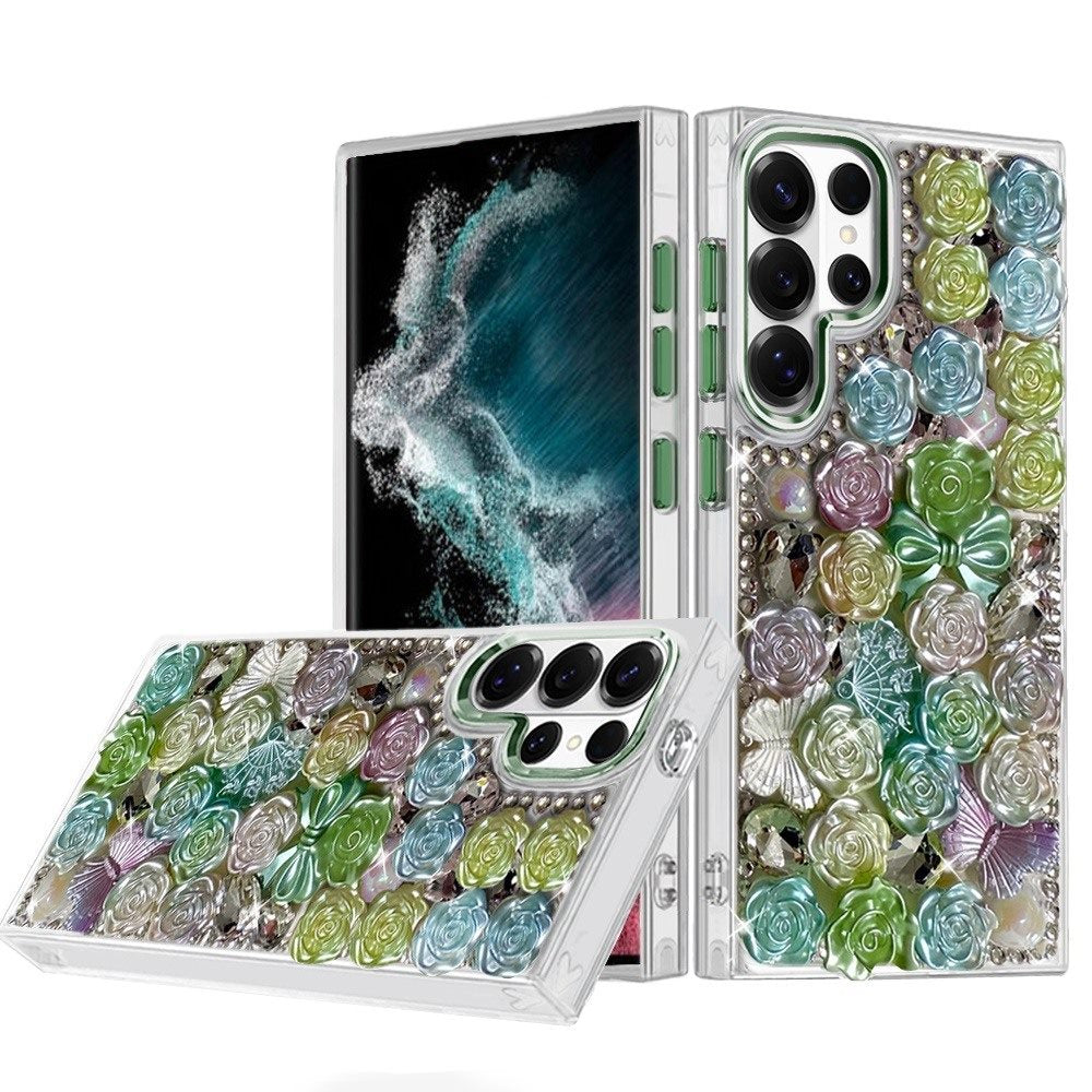 Phone Case for Galaxy S22 Ultra 3D Flower Bling Rhinestone Glitter Cute Stylish Shockproof Protective Decorative Luxury Grip Stones Ornaments Cover
