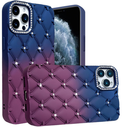 For Apple iPhone 11 Pro Max Fashion Flower Design Sparkle Glitter Shimmer Rhinestone Bling Floral Accents, Leather Texture TPU Case Cover Dark Blue/Burgundy
