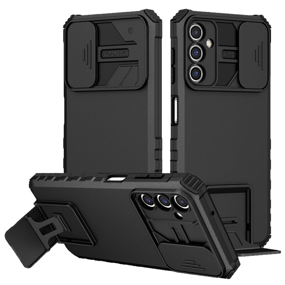 For Samsung Galaxy A15 5G Hybrid Hard PC & TPU Rubber Shockproof with Kickstand & Covered Camera Protection Case Cover Black