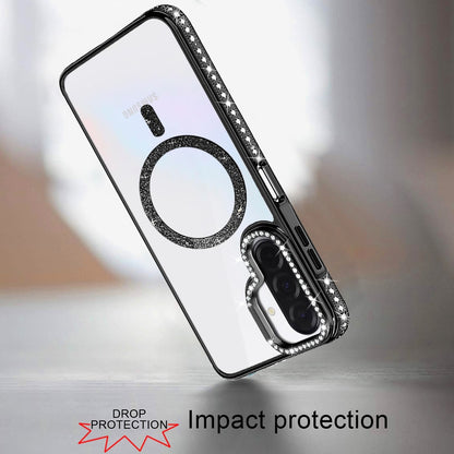 Phone Case for Samsung Galaxy A17 5G Luxury Diamond Bling Edged Magnetic Glitter Shockproof Hybrid with Camera Kickstand Durable Grip Cover