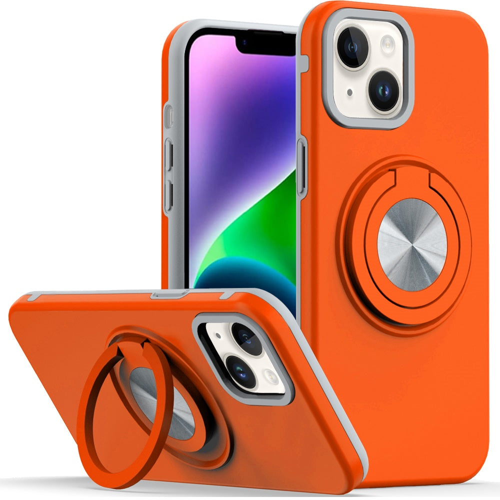 Phone Case for Apple iPhone 14/13 Shockproof Magnetic Ring Stand Rotating CarMount Hybrid Metal Matte Finish AntiSlip Grip Kickstand Cover Cosmic Orange