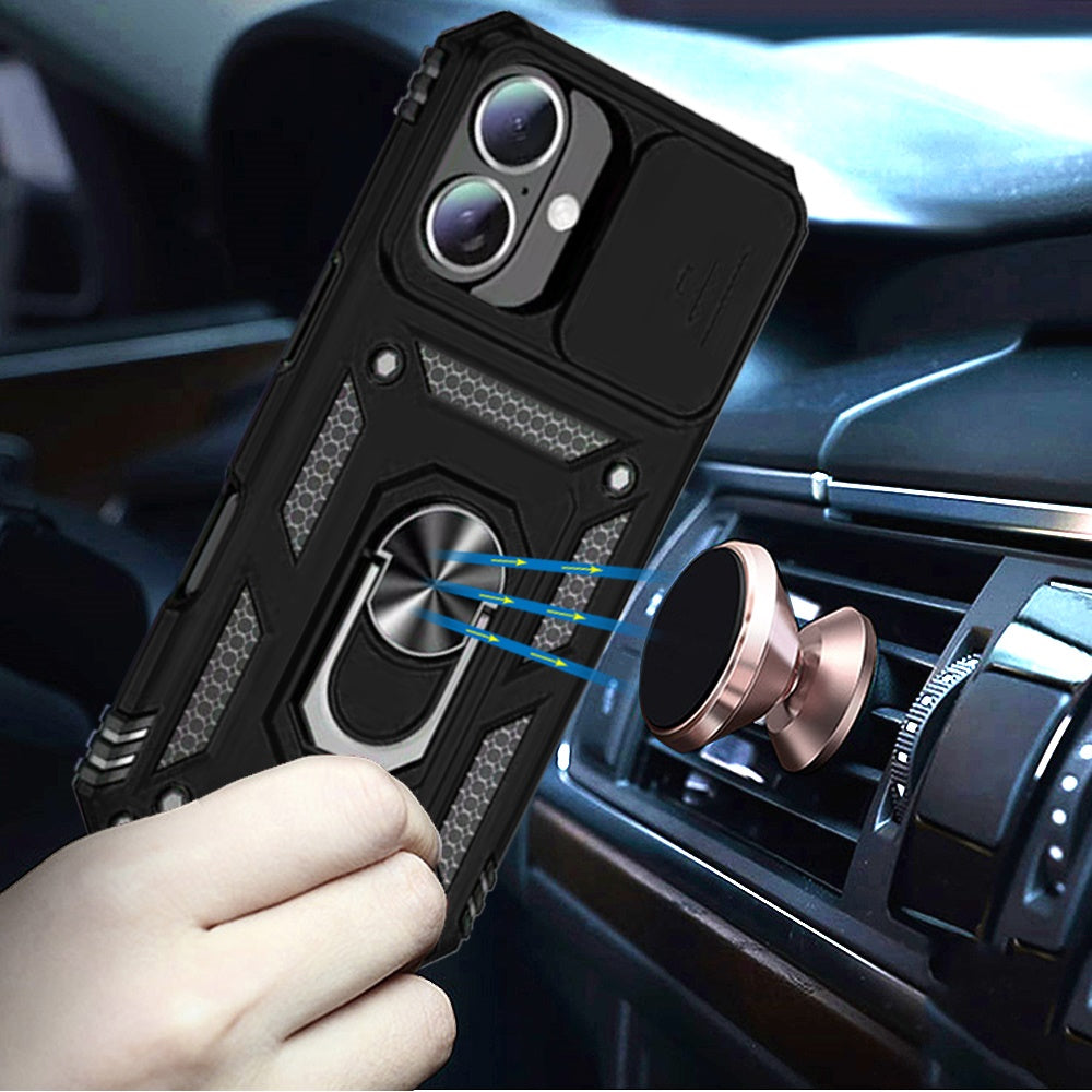 For Apple iPhone 17 (6.3") Hybrid Ring Shockproof with 360° Rotate Ring Kickstand, Camera Lens Protection, Soft Edge Bumper Case Cover