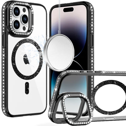 Phone Case for Apple iPhone 14 Pro Max Luxury Diamond Bling Edged Magnetic Glitter Shockproof Hybrid with Camera Kickstand Durable Grip Cover