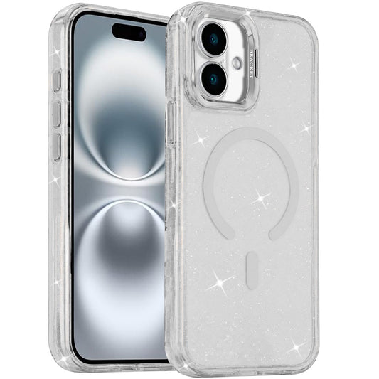 Phone Case for Apple iPhone 16 Bling Sparkle Glitter Design Magnetic back Hybrid with Metal Camera Stand, Decorative Glitter Design TPU Protective Cover Clear
