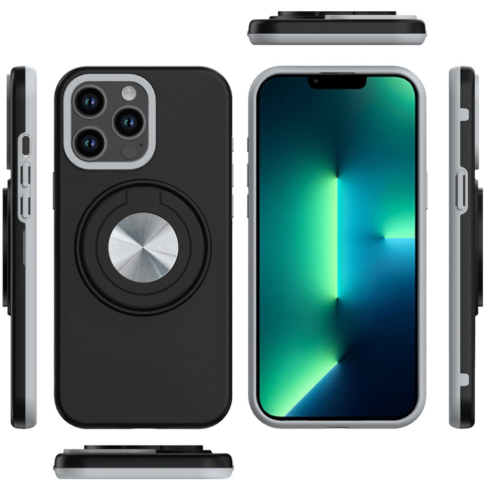 Phone Case for Apple iPhone 13 Pro Shockproof Magnetic Ring Stand Rotating CarMount Hybrid Metal Matte Finish AntiSlip Grip Kickstand Cover Black