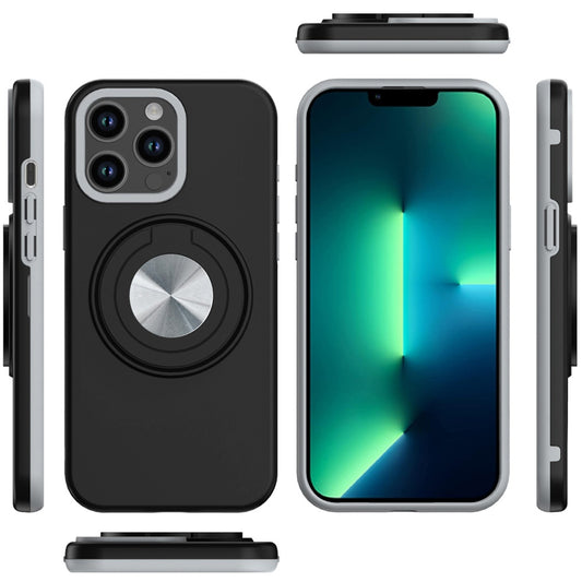 Phone Case for Apple iPhone 13 Pro Shockproof Magnetic Ring Stand Rotating CarMount Hybrid Metal Matte Finish AntiSlip Grip Kickstand Cover Black