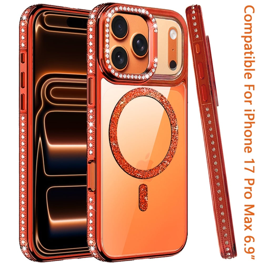 Phone Case for Apple iPhone 17 Pro Max Luxury Diamond Bling Edged Magnetic Glitter Shockproof Hybrid with Camera Kickstand Durable Grip Cover