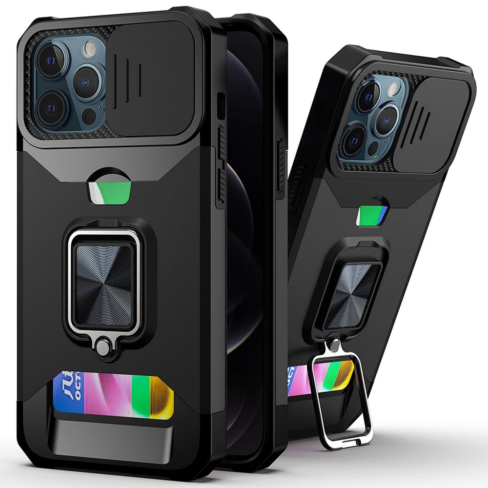 Phone Case for Apple iPhone 12 Pro Max Card Holder Magnetic Ring Stand Shockproof Anti Slip Wallet Grip Protective Hybrid Design Cover Black