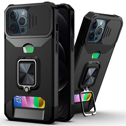 Phone Case for Apple iPhone 12 Pro Max Card Holder Magnetic Ring Stand Shockproof Anti Slip Wallet Grip Protective Hybrid Design Cover Black