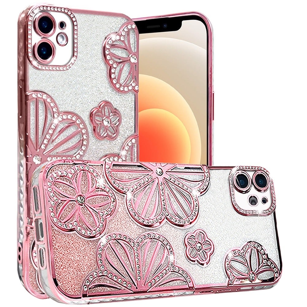 For iPhone 12 / iPhone 12 Pro (6.1") Luxury Flower Design Sparkle Glitter Diamond Rhinestone Shimmer Bling Plating Thick TPU Hard PC Case Cover