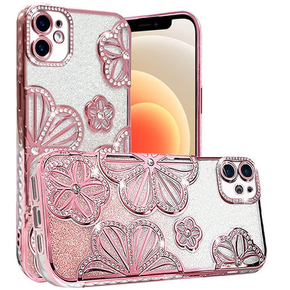 For iPhone 12 / iPhone 12 Pro (6.1") Luxury Flower Design Sparkle Glitter Diamond Rhinestone Shimmer Bling Plating Thick TPU Hard PC Case Cover