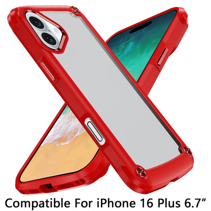For Apple iPhone 16 Plus Hybrid Transparent Rubber with Metal Buttons & Camera Edges Hard TPU Corner Frame Bumper Case Cover Red