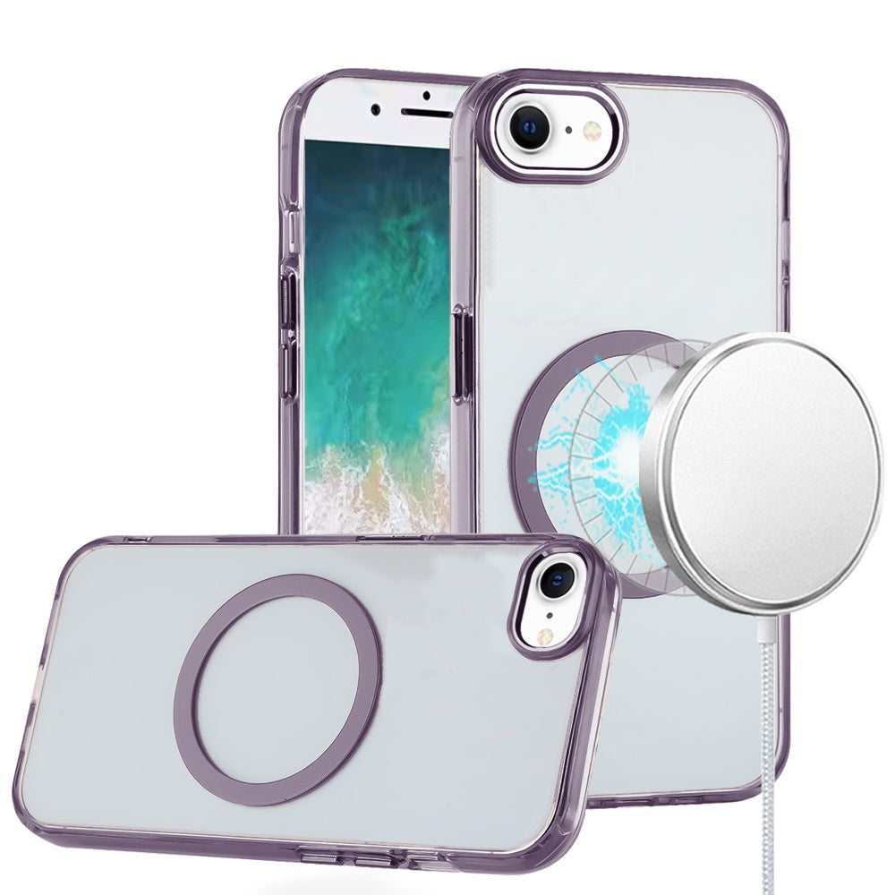 For Apple iPhone SE 4 Transparent Back Hybrid Case - Magnetic Circle, Color Frame, Metal Buttons, MagSafe Compatible Case Cover