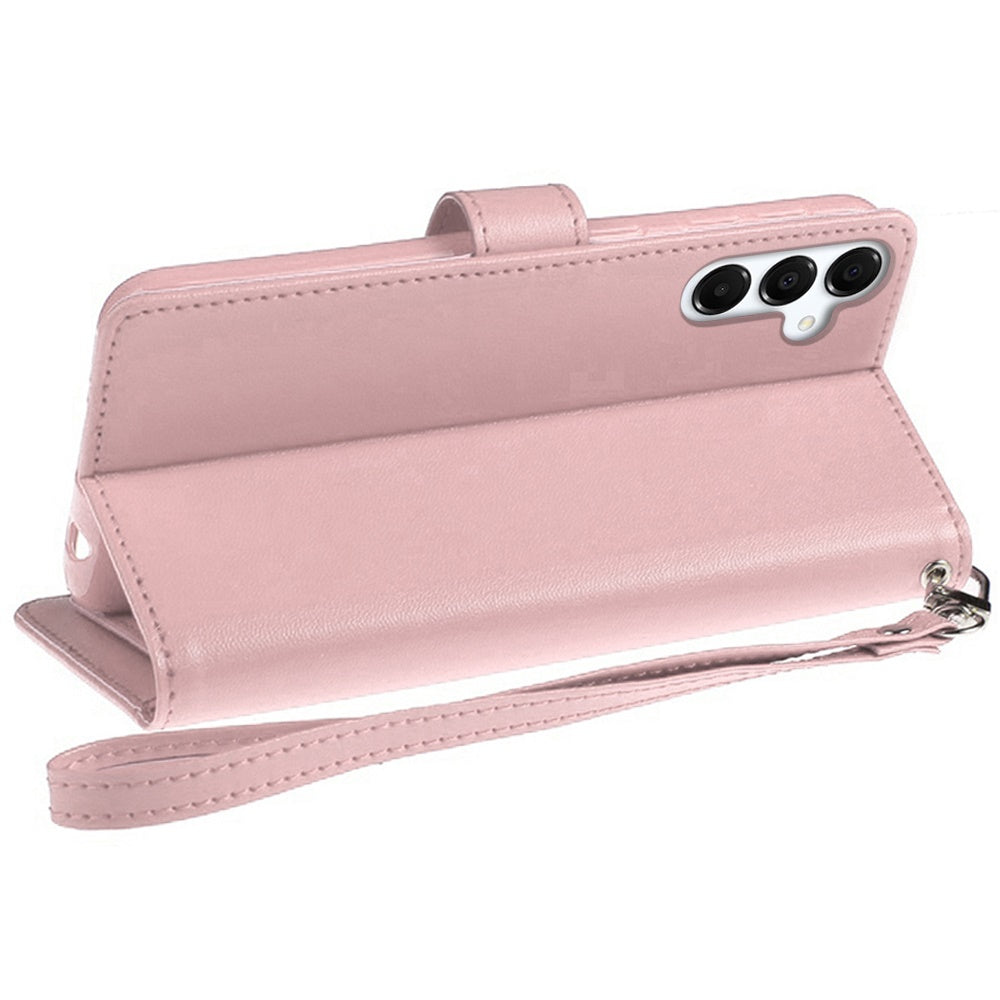 For Samsung Galaxy S26 Wallet Cases PU Leather with Credit Card /ID /Cash Holder Slot Dual Flip Book Pouch, Stand and Strap Case Cover Rose Gold