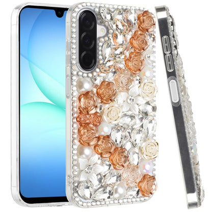 Phone Case for Galaxy A17 5G Rose Flower Full Diamond Bling Rhinestone Glitter Luxury Stylish Sparkle Protective Designer Hybrid Cover