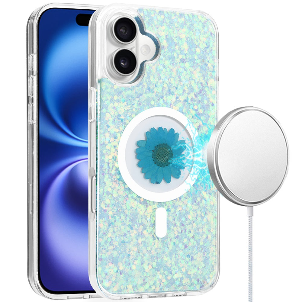 For Apple iPhone 17E /16E MagSafe Compatible Glitter Flower Epoxy Hybrid Slim TPU Case, Magnetic Circle Design, Sparkly Bling Protective Case Cover