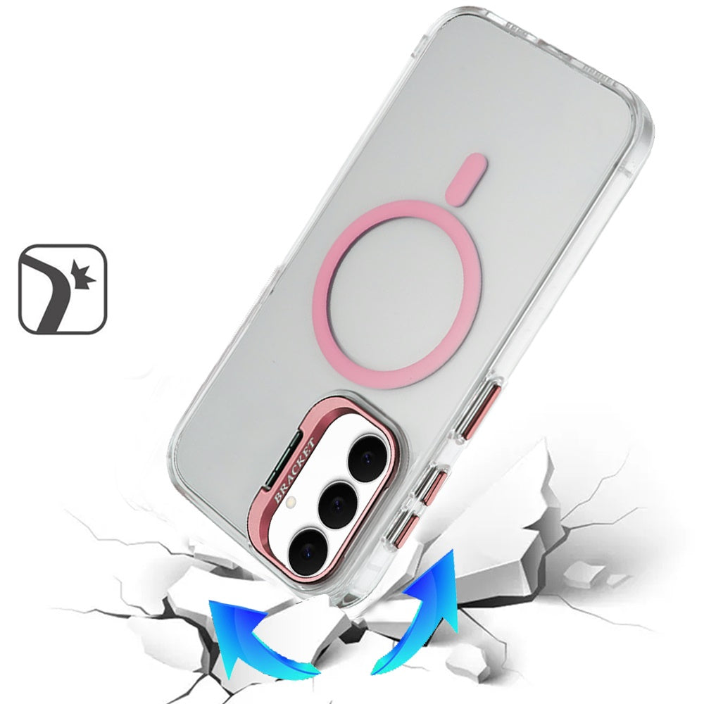 Phone Case for Samsung Galaxy S25 FE, S25 Fan Edition Clear Metallic Camera Stand Magnetic Hybrid TPU Shockproof Grip Camera Protection Kickstand Durable Armor Cover Pink