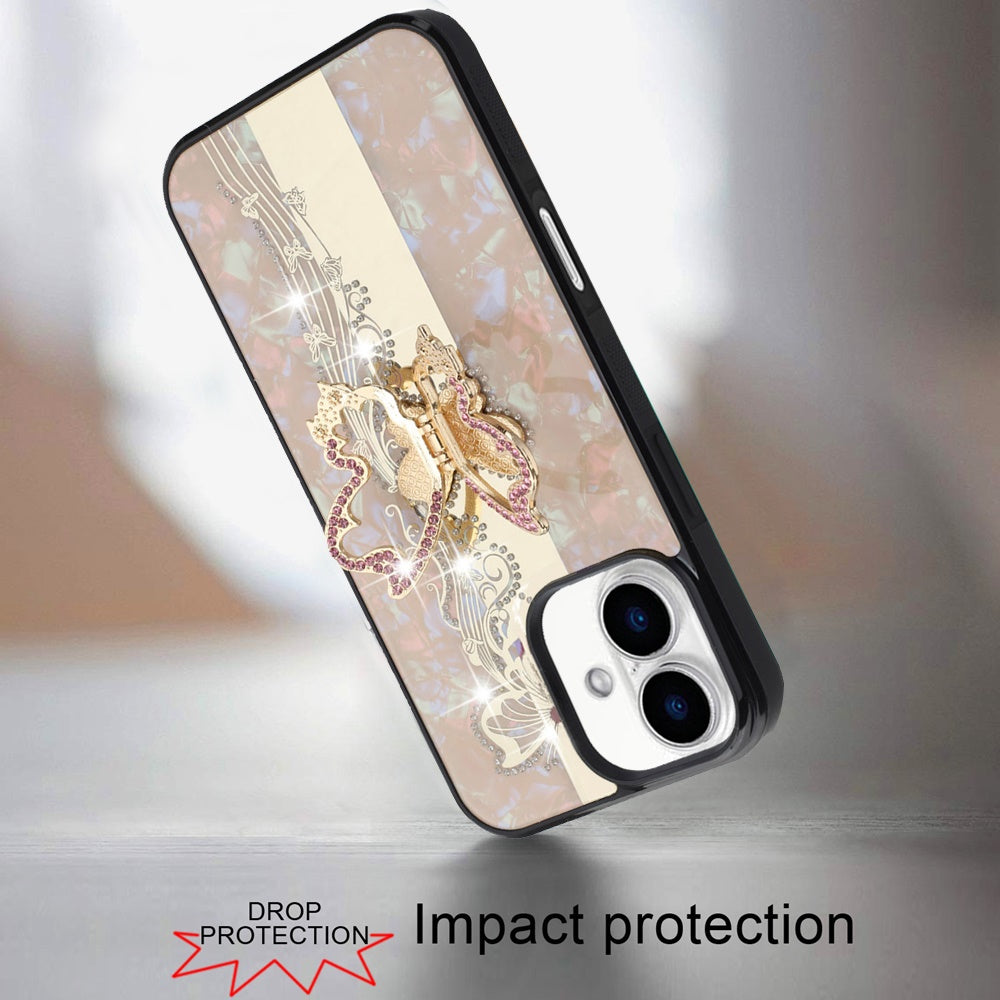 For Apple iPhone 17 (6.3") Diamonds 3D Fashion Bling Sparkly Glitter Ornaments Engraving Hybrid with Ring Stand Case Cover