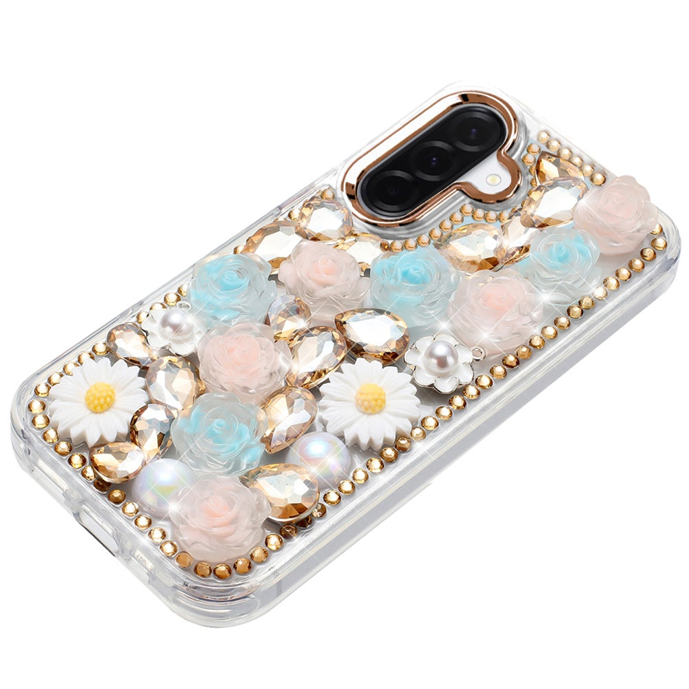 For Samsung Galaxy A17 5G Fashion Daisy Floral Series, Full 3D Bling Crystal Diamonds Sparkling Rhinestone Glitter Hybrid Design Case Cover