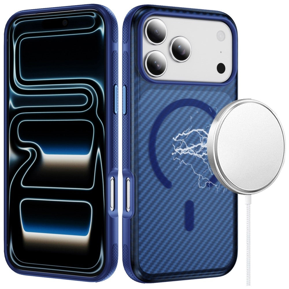 Phone Case for Apple iPhone 18 Pro Shockproof Magnetic Carbon Fiber Texture Metallic Button Rugged Grip Anti Fingerprint Heavy Duty Hybrid Armor Cover Blue