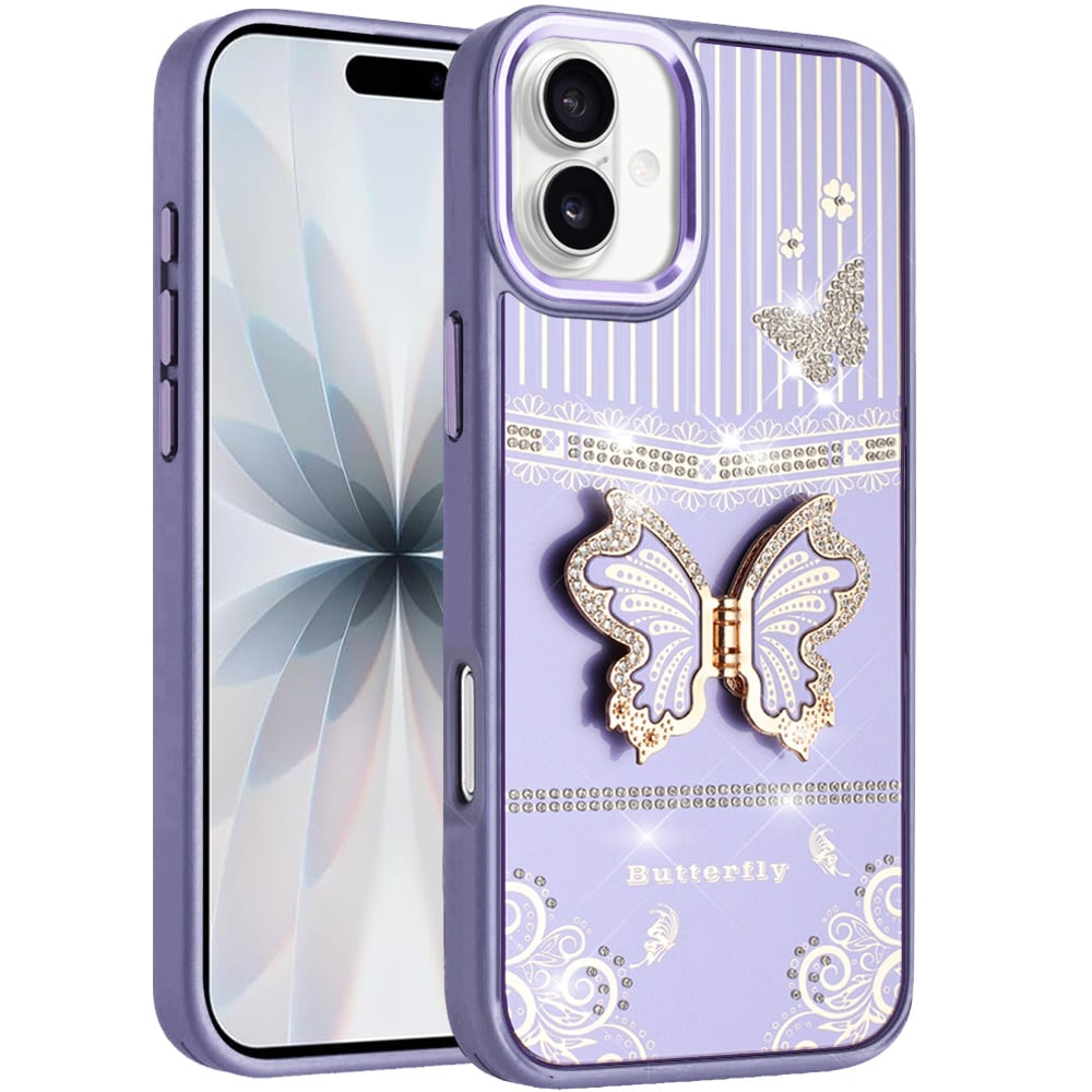 For Apple iPhone 17 (6.3") Glitter 3D Butterfly Design Bling Metallic Edge Hybrid Stand Drop Protection TPU Shockproof Case Cover