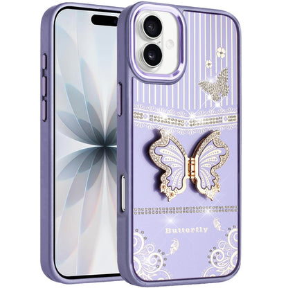 For Apple iPhone 17 (6.3") Glitter 3D Butterfly Design Bling Metallic Edge Hybrid Stand Drop Protection TPU Shockproof Case Cover