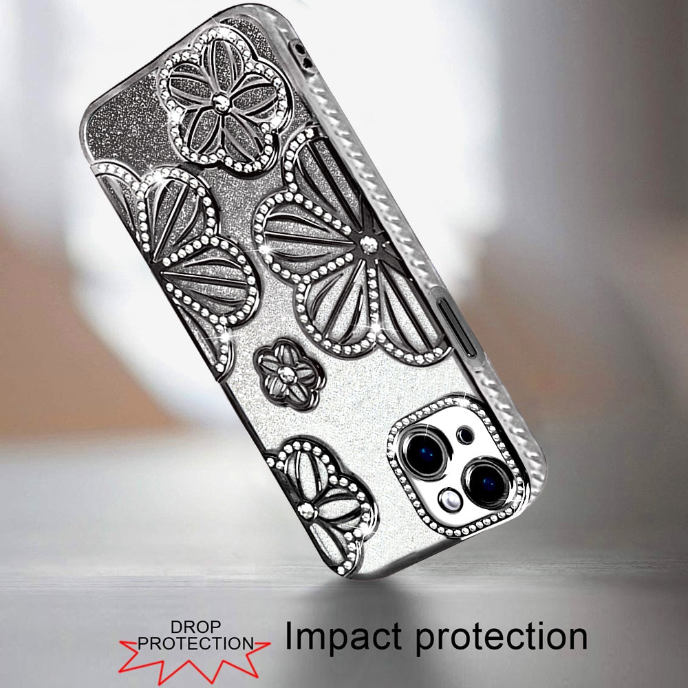 Phone Case for Apple iPhone 15 Plus Shimmer Glitter Floral Thick TPU Shockproof Durable Grip Camera Protection Anti-Scratch Stylish Design Cover