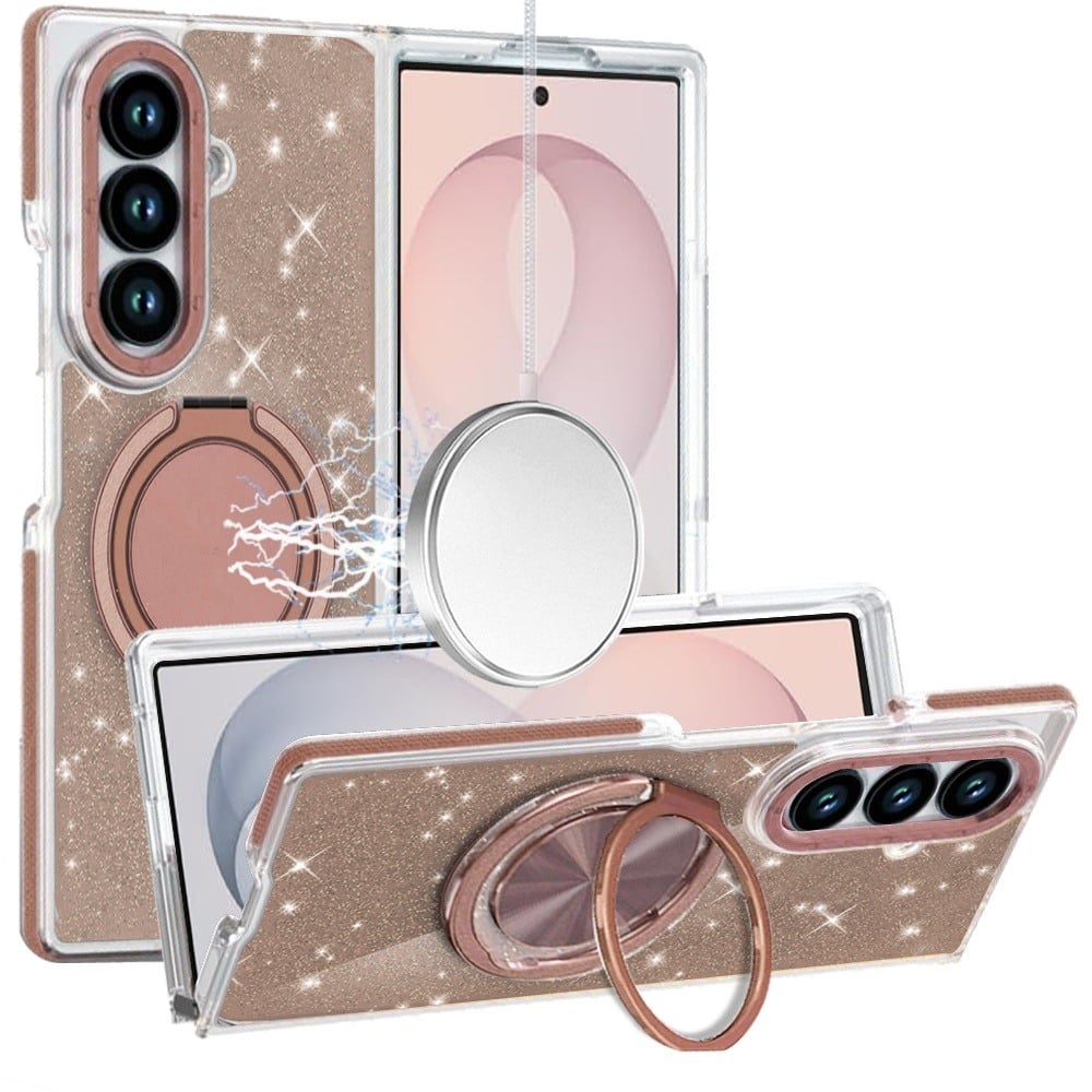 Phone Case for Samsung Galaxy Z Fold 8 Ultra Magnetic Hybrid 360 Rotating Ring Kickstand Tough Hard PC Soft TPU Glitz Shimmer Glitter Shock Absorbing Cover Gold