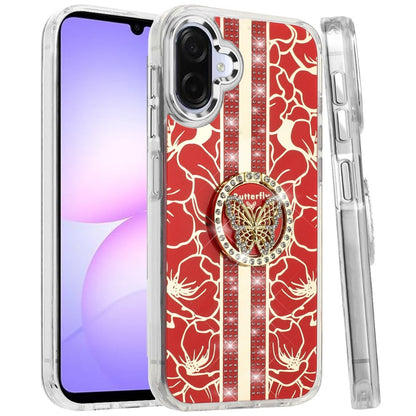 For Samsung Galaxy A07 Diamonds 3D Butterfly Floral Design Bling Sparkly Glitter Hybrid Metal Fashion with Ring Stand Case Cover
