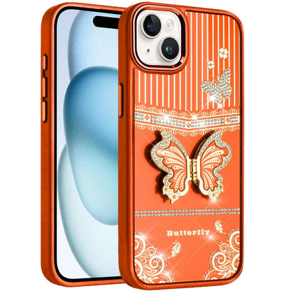 For iPhone 15 Plus (6.7") Glitter 3D Butterfly Design Bling Metallic Edge Hybrid Stand Drop Protection TPU Shockproof Case Cover Cosmic Orange