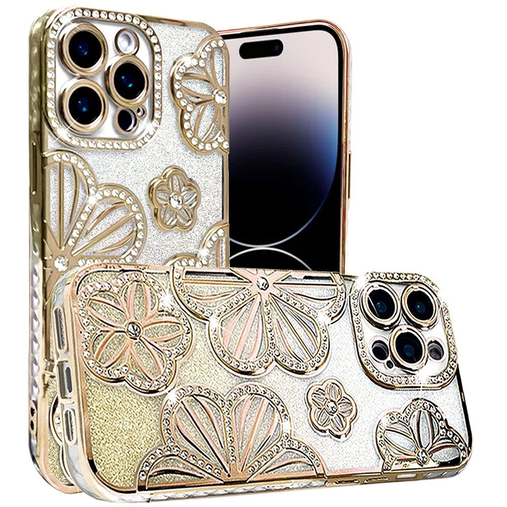 For Apple iPhone 15 Pro Max Luxury Floral Design Sparkle Glitter Diamond Crystal Rhinestone Shimmer Bling Plating Thick TPU Hard PC Case Cover