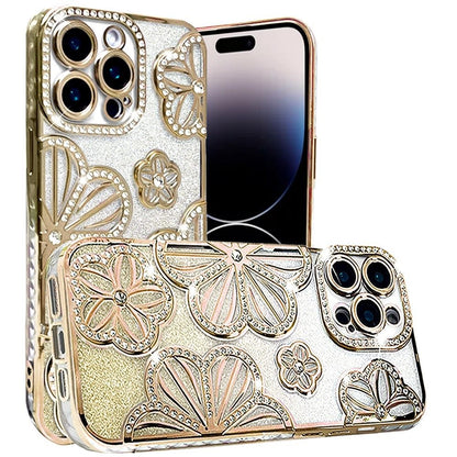 For Apple iPhone 15 Pro Max Luxury Floral Design Sparkle Glitter Diamond Crystal Rhinestone Shimmer Bling Plating Thick TPU Hard PC Case Cover