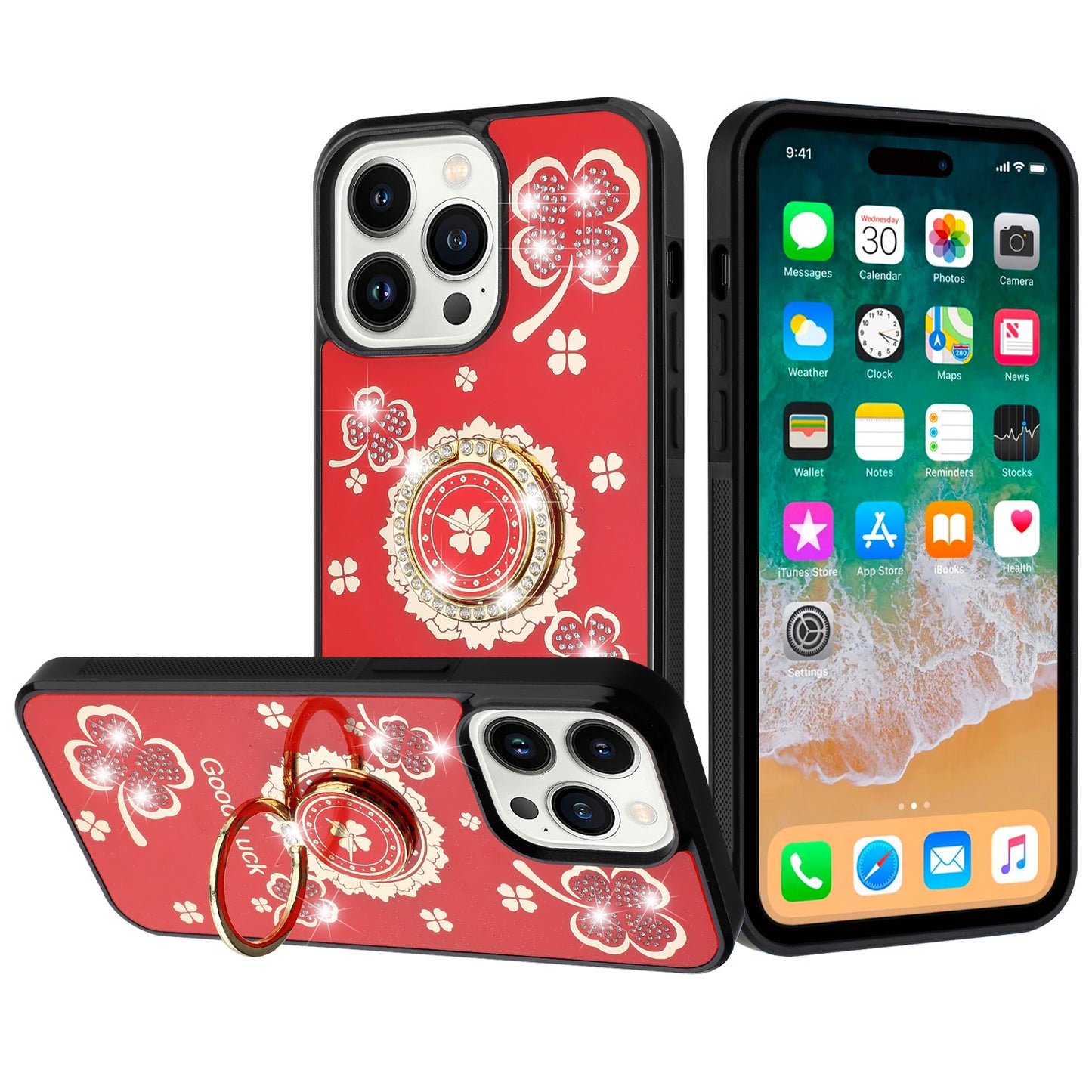 For Apple iPhone 16 Pro Diamonds 3D Butterfly Bling Sparkly Glitter Ornaments Engraving Hybrid Metal Fashion Case Cover Good Luck Floral Red