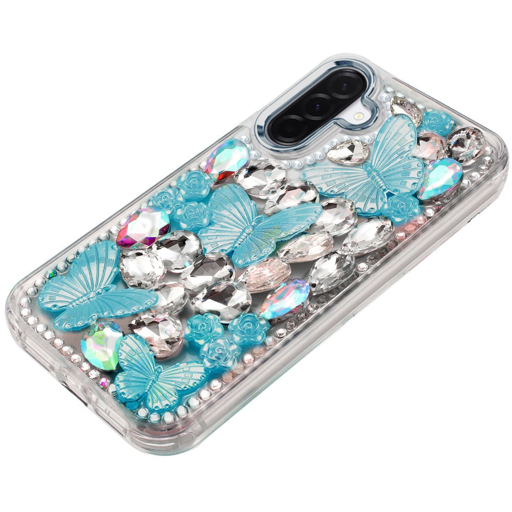 For Samsung Galaxy A37 3D Diamond Floral Butterfly Bling Stone Hybrid, Sparkly Rhinestone Gemstone Back Shockproof Case Cover