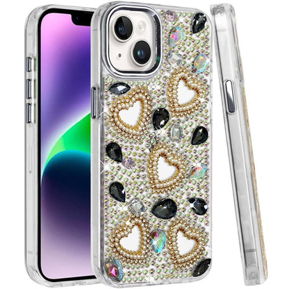 Phone Case for Apple iPhone 14 Luxury Crystal Heart Rhinestone Diamond Bling Shockproof Hybrid Glitter Protective Stylish Durable Grip Cover