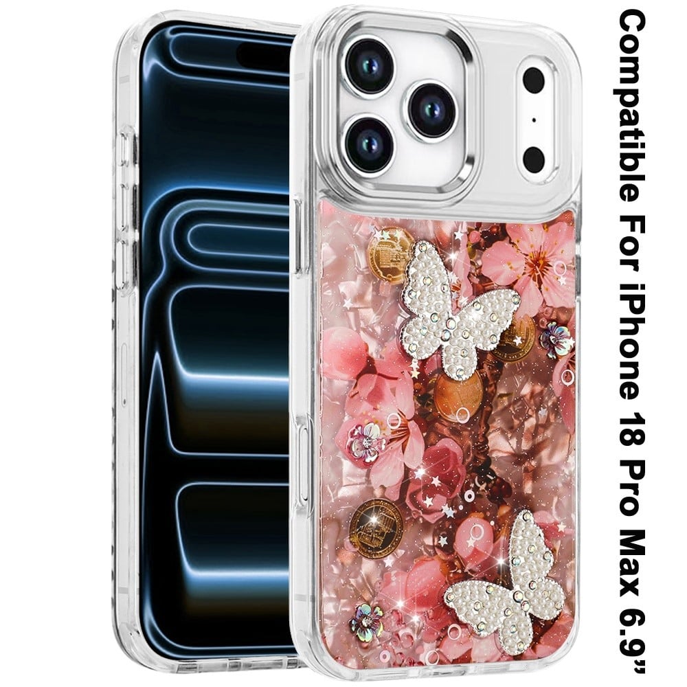 Phone Case for Apple iPhone 18 Pro Max/ 17 Pro Max Glitter Butterfly Design Metal Buttons Shockproof Hybrid TPU + PC Durable Protective Slim Grip Stylish Cover
